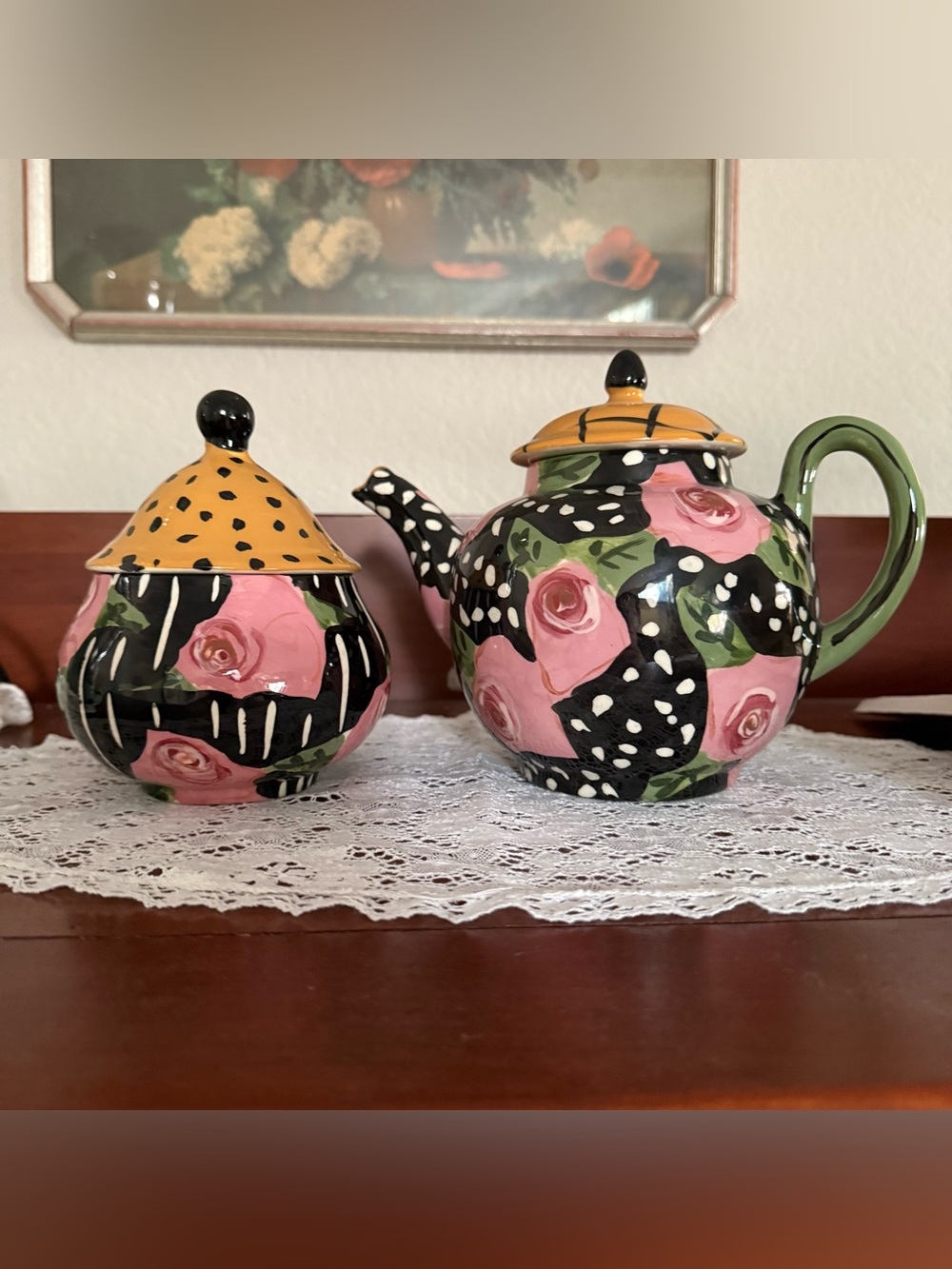 Vintage Droll Designs Hand-Painted Teapot - Whimsical Pink Rose & Polka Dot